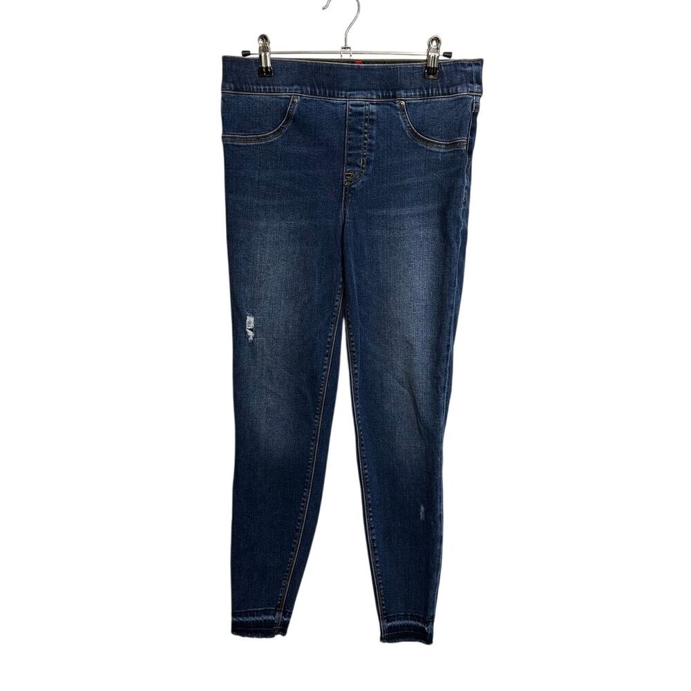 SPANX Jeans Womens Medium Blue Distressed Skinny Pull On Ankle Raw Hem
